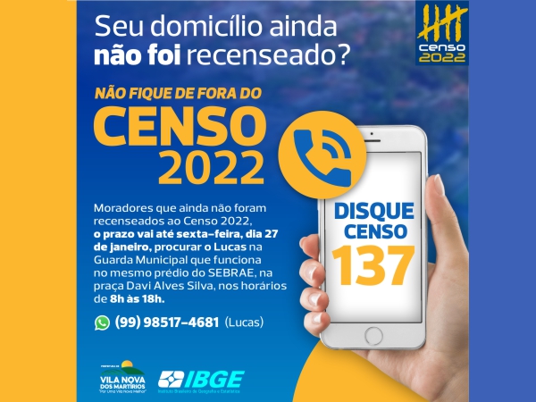 A Prefeitura de Vila Nova informa que o IBGE prorrogou a coleta de informações do CENSO.